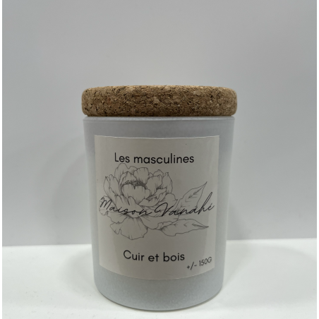 Bougie pot blanc cuir et bois